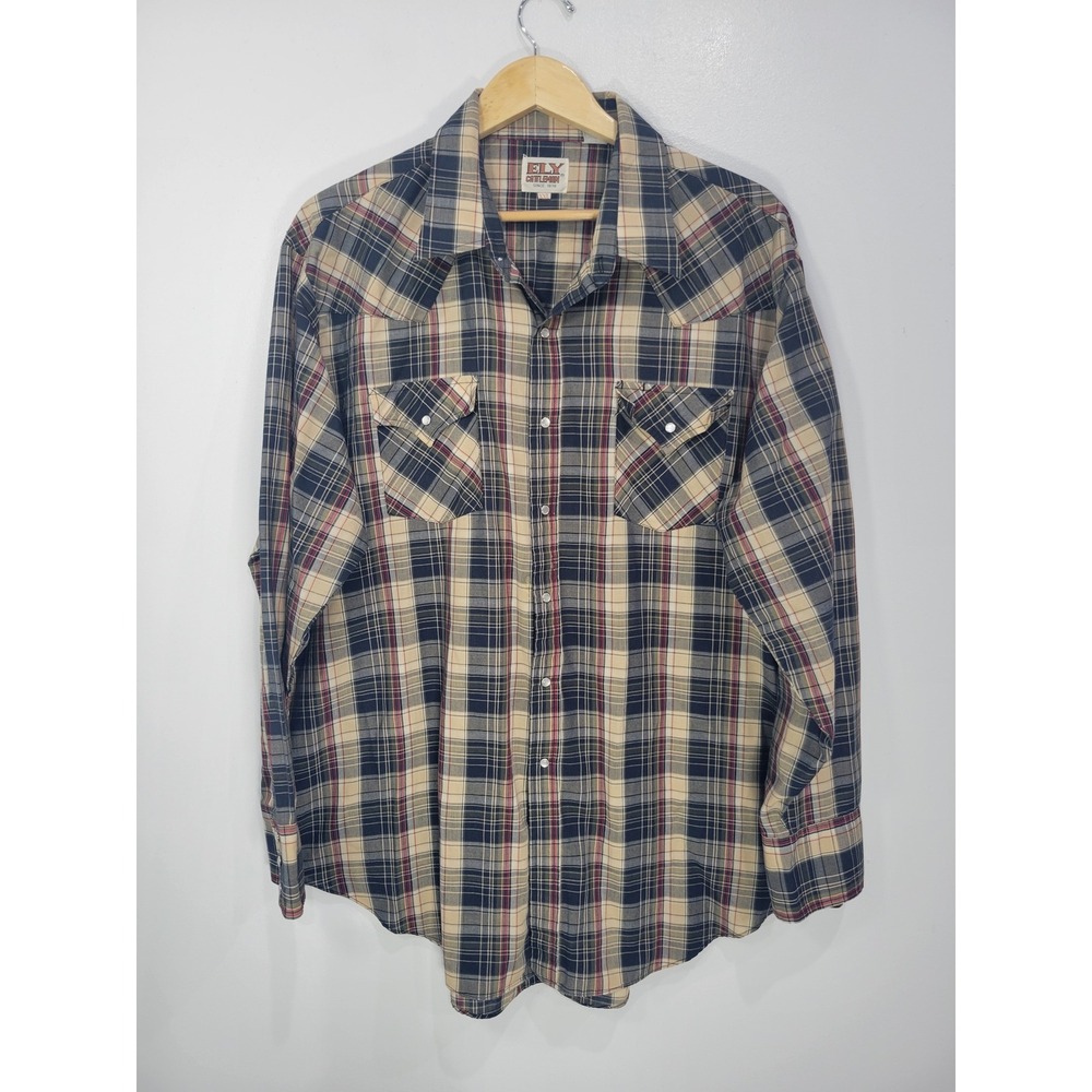 Ely Cattleman Mens XXL Blue Tan Plaid Western‎ Pearl Snap Long Sleeve Shirt